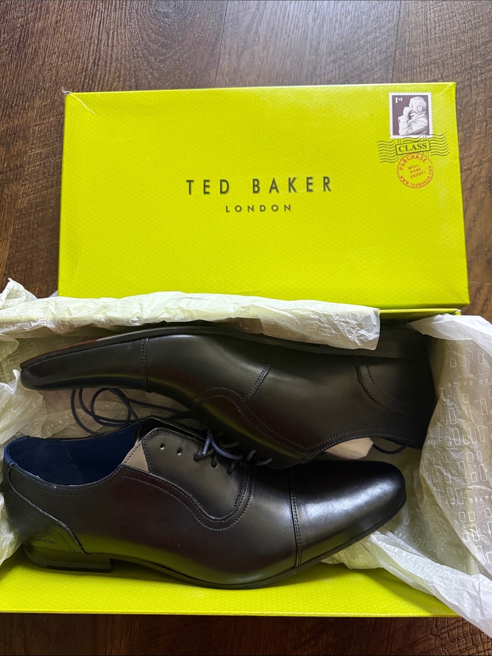 Ted Baker Black Leather Cap-Toe Derby with Navy Lining
